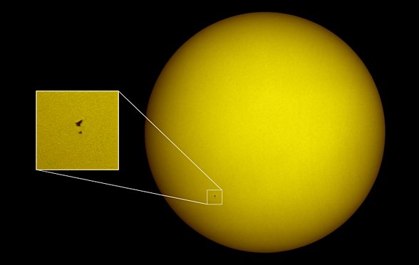 Hubble Uzay Teleskobu ve uzay mekiği Atlantis'in Güneş'in önündeki silüeti. Fotoğraf; Hubble, Atlantis'in robot kolu tarafından yakalanmak üzere iken Kennedy Uzay Merkezi'nin 100 kilometre güneyindeki Florida'dan çekildi. Güneş önündeki geçişleri bir saniyeden kısa sürdü ve olayın Dünya üzerinden gözlemlenebildiği bölge hattı sadece birkaç kilometre genişliğindeydi!