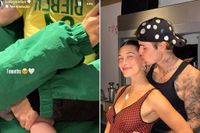Hailey Bieber posta foto do filho com Justin Bieber usando camisa da seleção brasileira