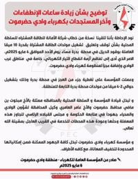 توضيـح بشـأن زيادة سـاعات الإنطفـاءات وآخر المستجدات بكهرباء وادي حضرموت. ⋆