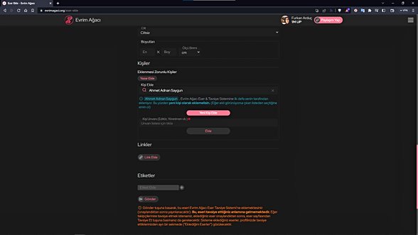 İmleçle başka bir yere tıklarsanız da böyle bir ekran sizi karşılıyor. Burada da şu yazıyor: "Ahmet Adnan Saygun, Evrim Ağacı Eser & Tavsiye Sistemine ilk defa senin tarafından ekleniyor. Bu yüzden yeni kişi olarak eklemelisin. (Eğer ekli görünüyorsa çıkan listeden seçtiğine emin ol)"