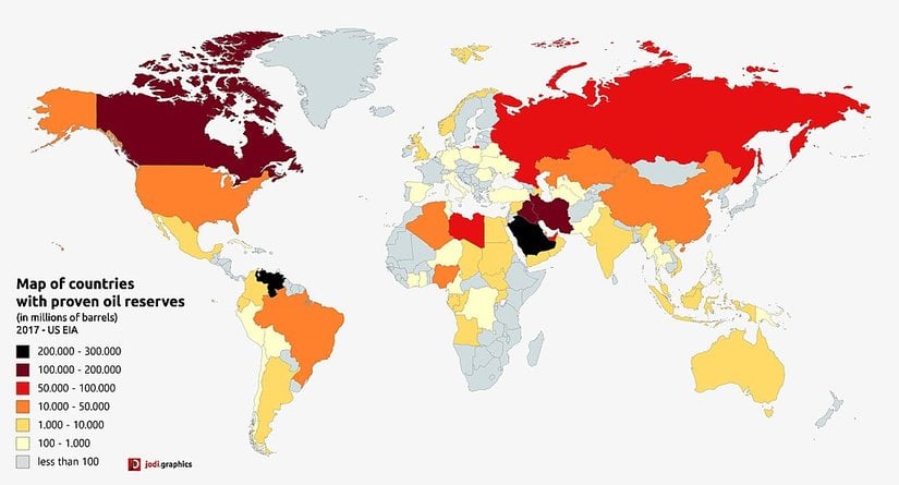U.S. Energy Information Administration verilerinden yola çıkılarak hazırlanmış ispatlı petrol rezervlerinin 2017'deki durumuna ait bir harita (milyon varil cinsinden).