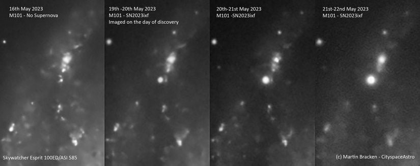 Bu karşılaştırmalı görüntü, galaksinin süpernovanın henüz meydana gelmediği 16 Mayıs ve SN 2023ixf'in keşfedildiği 19 Mayıs tarihlerindeki fotoğraflarını göstermektedir. Yine 22 Mayıs'a kadarki süreçte süpernovanın parlaklığındaki kayda değer artış görülebilmektedir.