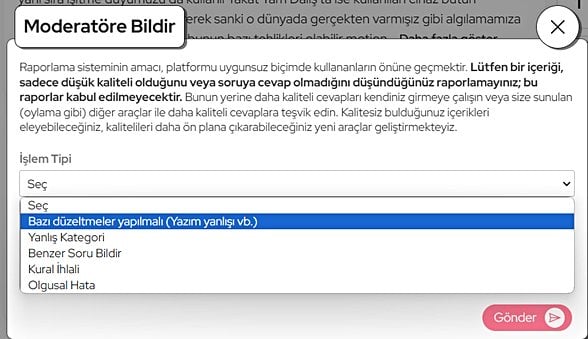 Evrim Ağacı Soru & Cevap platformundaki raporlama özelliğini gösteren bir görsel.