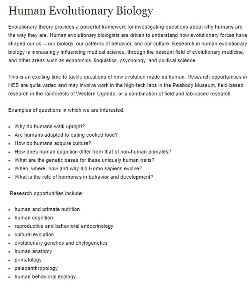 Harvard Üniversitesi İnsan Evrimsel Biyolojisi Lisans Programı tanıtım yazısı ve hedefleri.