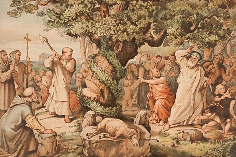 An artistic depiction of Saint Boniface cutting down Donar’s Oak as a form of religious iconoclasm in that it was a sacred tree and an object of veneration for the Germanic pagans.