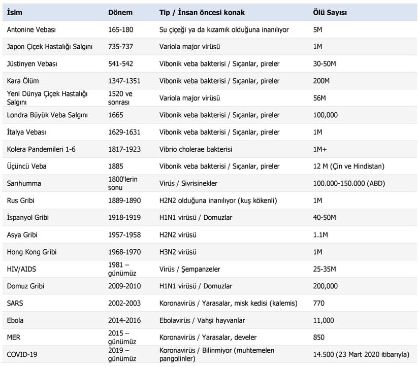 Bazı önemli küresel salgınlar: tarihleri, tipleri ve yol açtığı ölü sayısı.