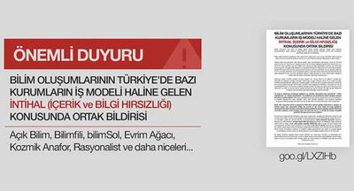 İntihale Dur De! Bilim Yayıncılarının Türkiye'de İntihal (İçerik ve Bilgi Hırsızlığı) Yapan Kişi, Kurum ve Kuruluşları Konusunda Ortak Bildirisi...