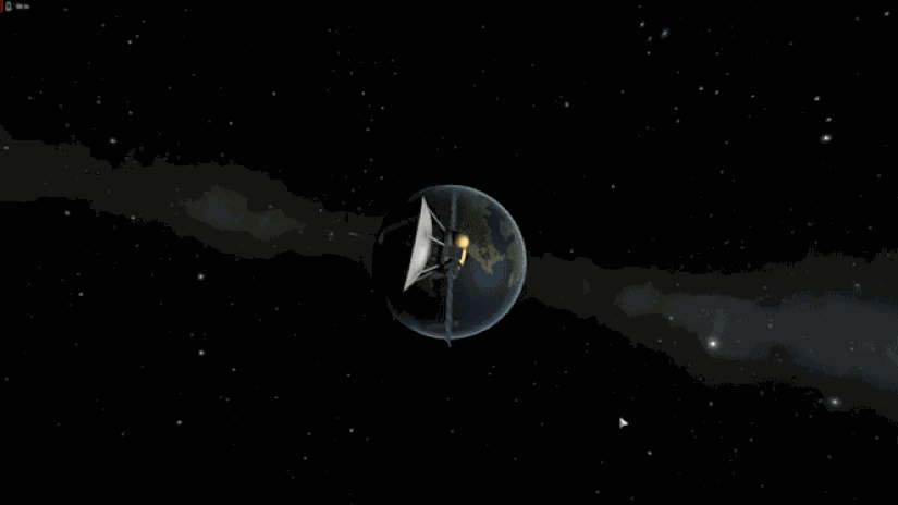 Kerbal Space Program uygulamasıyla yapılan bu simülasyonda arka plandaki Dünya dönmüyor gibidir, çünkü uydu, Dünya'nın etrafında Dünya'nın kendi etrafınki dönüşüyle aynı hızda dönmektedir. Bu sayede Dünya'nın hep aynı yüzüne bakar.