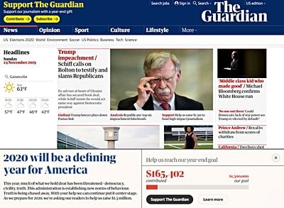 İngiltere'nin en saygın gazetelerinden The Guardian, hemen her sayfasında birden fazla
              noktada okurlarından maddi destek isteyerek, ücretsiz bir şekilde basılı ve dijital
              yayın hayatını sürdürmeye çalışmaktadır.