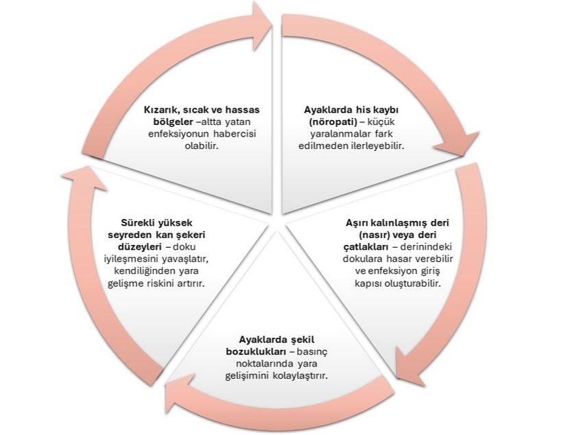 Yukarıdaki durumlara sahip hastalar yeni yaralar için risk altındadır. Yeni yara oluştuğunda veya yeni gelişen kızarıklık, şişlik, akıntı, farklı veya kötü koku, ağrı veya zonklama durumlarında tıbbi yardım için başvurulması son derece önemlidir.