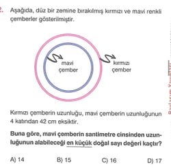 Buna göre, mavi çemberin santimetre cinsinden uzunluğunun alabileceği en küçük doğal sayı değeri kaçtır?