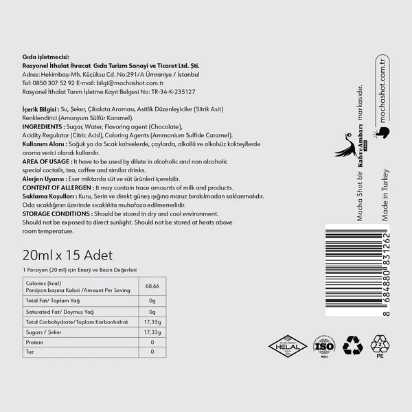 Mocha Shot Çikolata Aromalı Tek Kullanımlık Kahve Şurubu 20 ml x 15 Adet