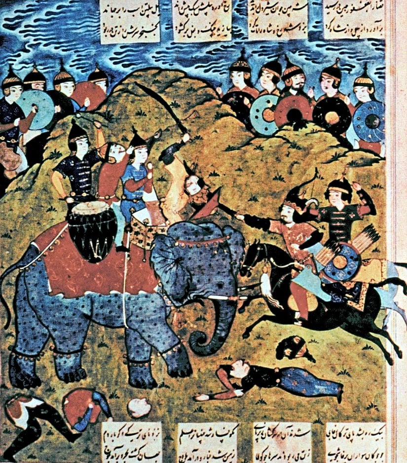 Fil üstünde yapılan savaşı tasvir eden bir minyatür.