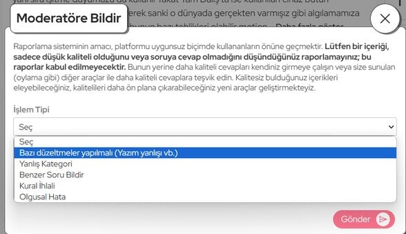 Evrim Ağacı Soru & Cevap platformundaki raporlama özelliğini gösteren bir görsel.