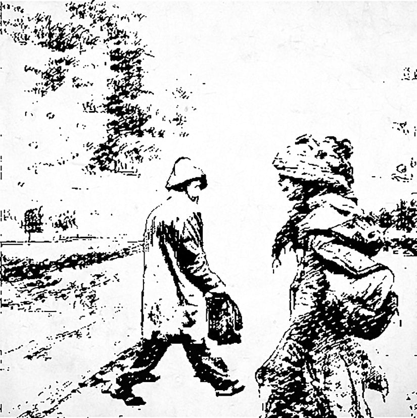 Yaşlı erkek ve genç kadın flanörler kentin içinde. Görsel Stable Diffusion 1 Demo ve VQGAN+CLIP kullanılarak çizilmiştir.