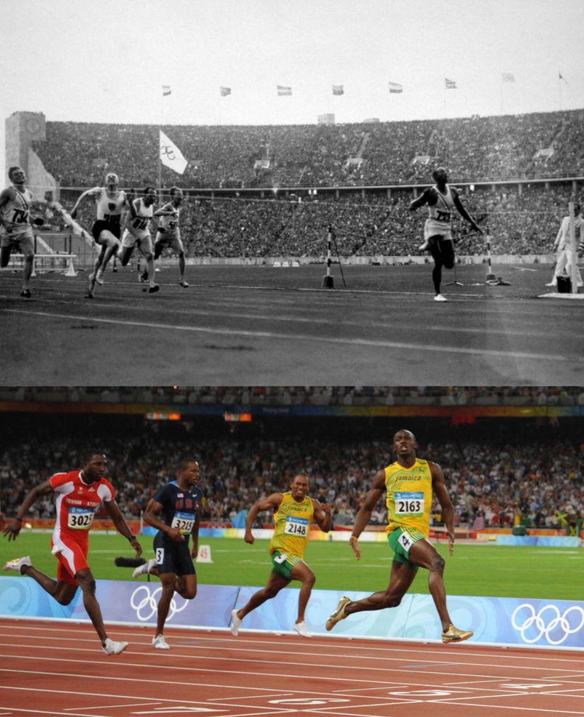 Jesse Owens (üstte) ve Usain Bolt'un (altta) 100 metre yarışları sırasında çekilmiş fotoğraflar. Usain Bolt, Jesse Owens'tan daha üstün bir koşucu mu, yoksa aralarındaki fark ekipman ve antrenman farklılıklarından mı kaynaklanıyor?