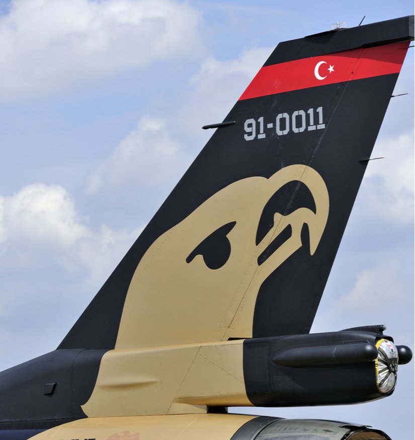 Türk Hava Kuvvetlerine ait, Solotürk boyamalı F-16 uçağının dikey sabitleyicisi. (İstikamet dümeninin ana parçadan ince bir "çizgi" ile ayrıldığını görebilirsiniz.)