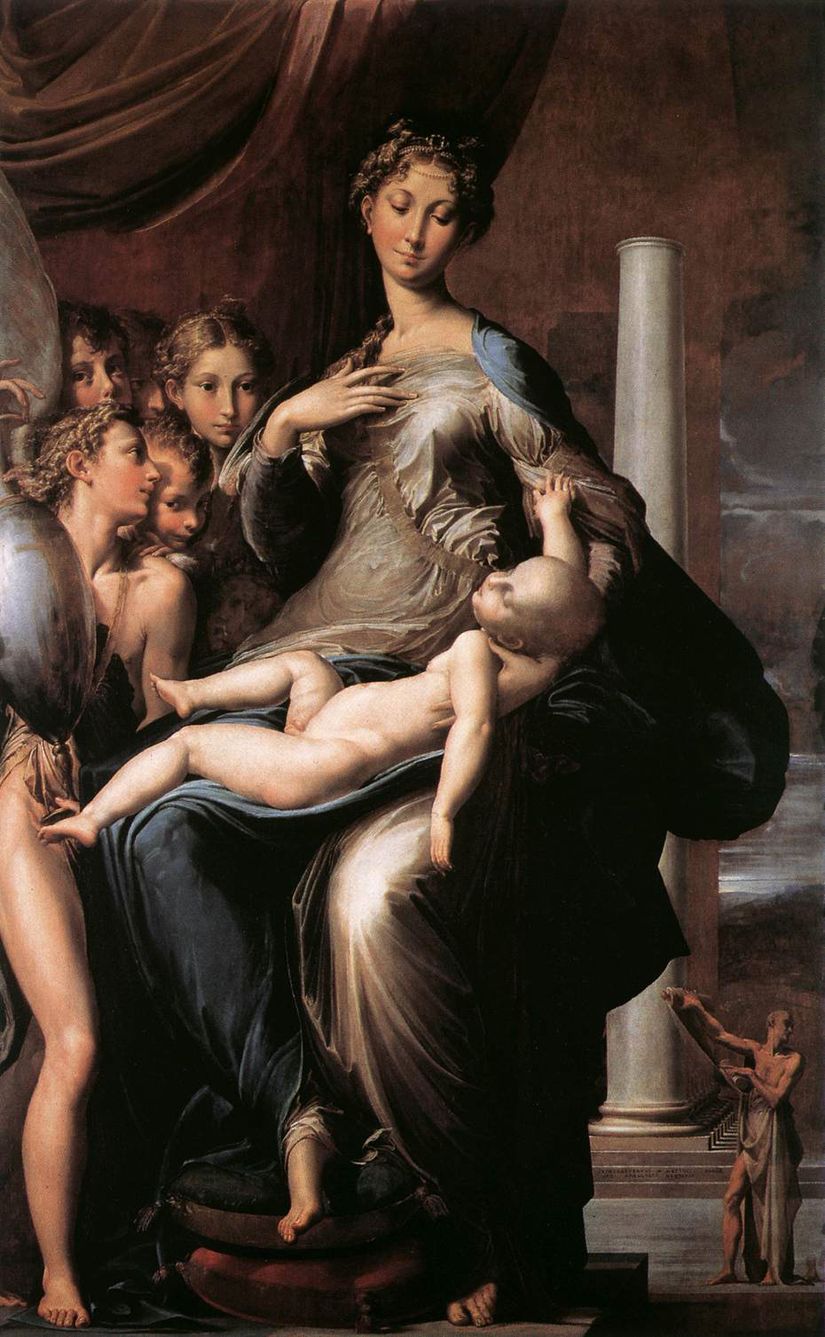 Parmigianino'nun Uzun Boyunlu Madonna'sı (1534-40). Maniyerizm döneminin örneklerinden biridir. Oranlar ideallerin dışında kullanılmış ve simetriden kaçınılmıştır. Dinamik ve asimetrik bir tablodur.