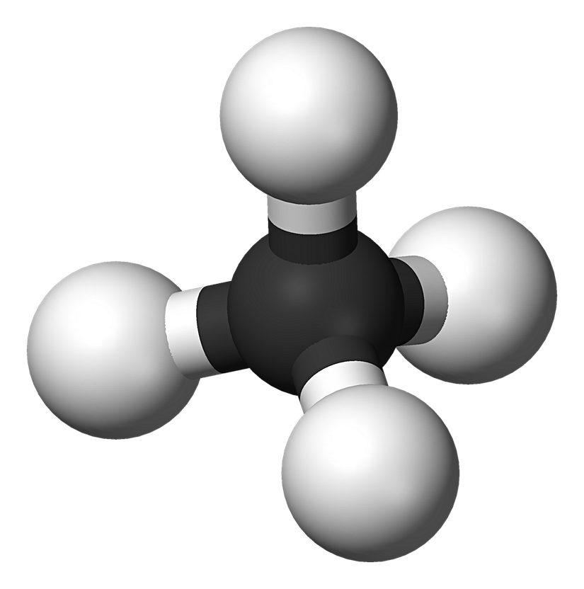 Bir metan molekülünün şematik gösterimi. Merkezdeki siyah atom karbonu, çevresinde bulunan beyaz atomlar hidrojeni temsil etmektedir.