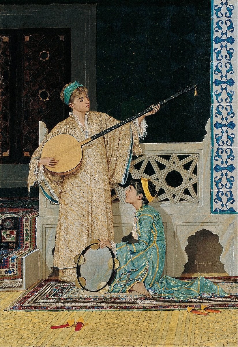 Osman Hamdi Bey, İki Müzisyen Kız, 1880. Tuval üzerine yağlıboya. Pera Müzesi, İstanbul. Görsel: Google Art Project/Wikimedia Commons, Public Domain.