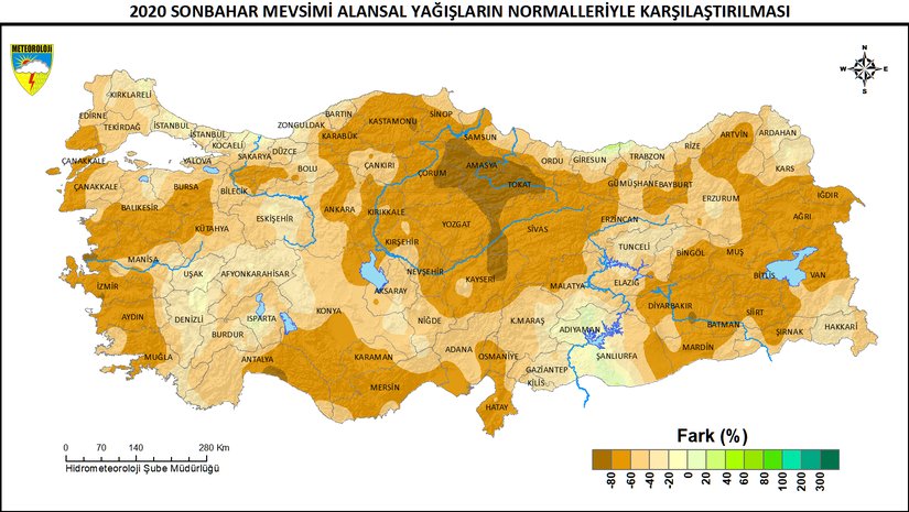 2020 Sonbahar Mevsimi Alansal Yağışların Normalleriyle Karşılaştırılması