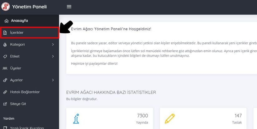 Evrim Ağacı Yönetim Paneli'nde