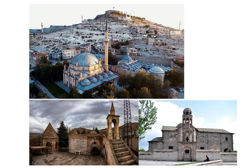 Üstte Damat İbrahim Paşa Külliyesi(Osmanlı) yer alırken solda Taşkınpaşa Külliyesi(Selçuklu) sağda ise Üzümlü Kilisesi(Bizans) Kapadokya bölgesindeki kültürel mimari farklılığını gözler önüne sunar