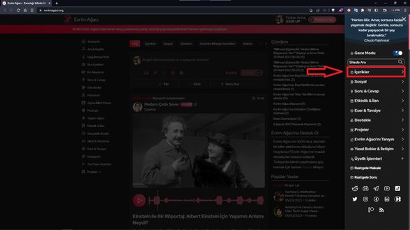 "İçerikler" kısmına basın.