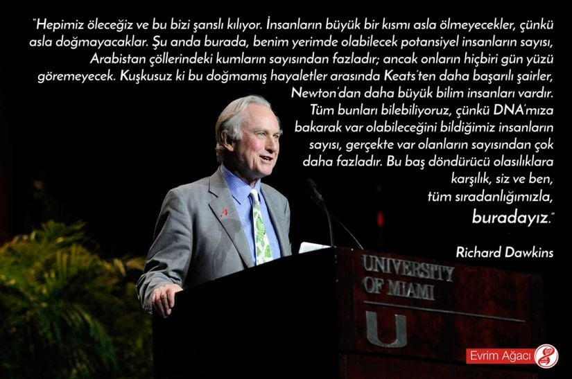 “Hepimiz öleceğiz ve bu bizi şanslı kılıyor. İnsanların büyük bir kısmı asla ölmeyecekler, çünkü asla doğmayacaklar. Şu anda burada, benim yerimde olabilecek potansiyel insanların sayısı, Arabistan çöllerindeki kumların sayısından fazladır; ancak onların hiçbiri gün yüzü göremeyecek. Kuşkusuz ki bu doğmamış hayaletler arasında Keats’ten daha başarılı şairler, Newton’dan daha büyük bilim insanları vardır. Tüm bunları bilebiliyoruz, çünkü DNA’mıza bakarak var olabileceğini bildiğimiz insanların sayısı, gerçekte var olanların sayısından çok daha fazladır. Bu baş döndürücü olasılıklara karşılık, siz ve ben, tüm sıradanlığımızla, buradayız.”  - Richard Dawkins