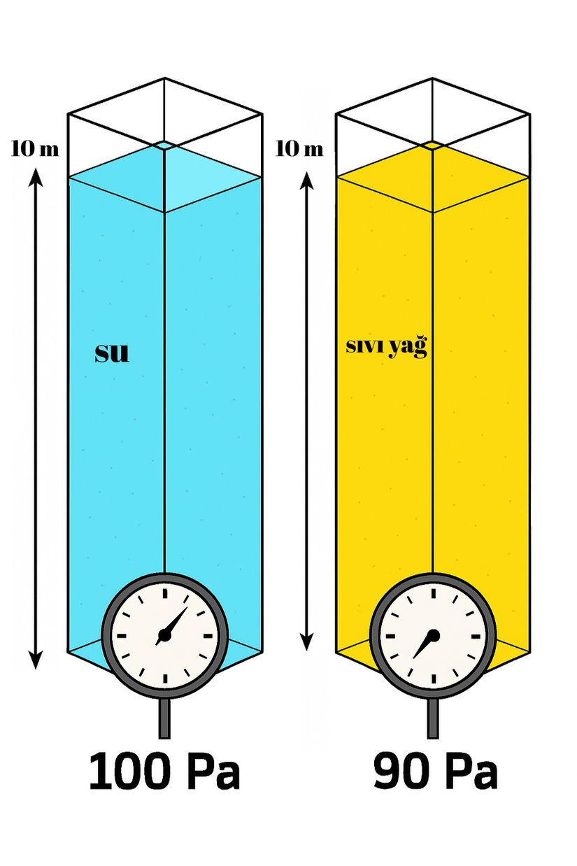 Özdeş kaplarımızdan soldaki kap su ile, sağdaki kap sıvı yağ ile doludur. Suyun yoğunluğu, yağın yoğunluğundan büyüktür. Görselde sıvı basıncının, üzerlerindeki manometreler sayesinde yoğunluk açısından kıyaslanmasını görmektesiniz.