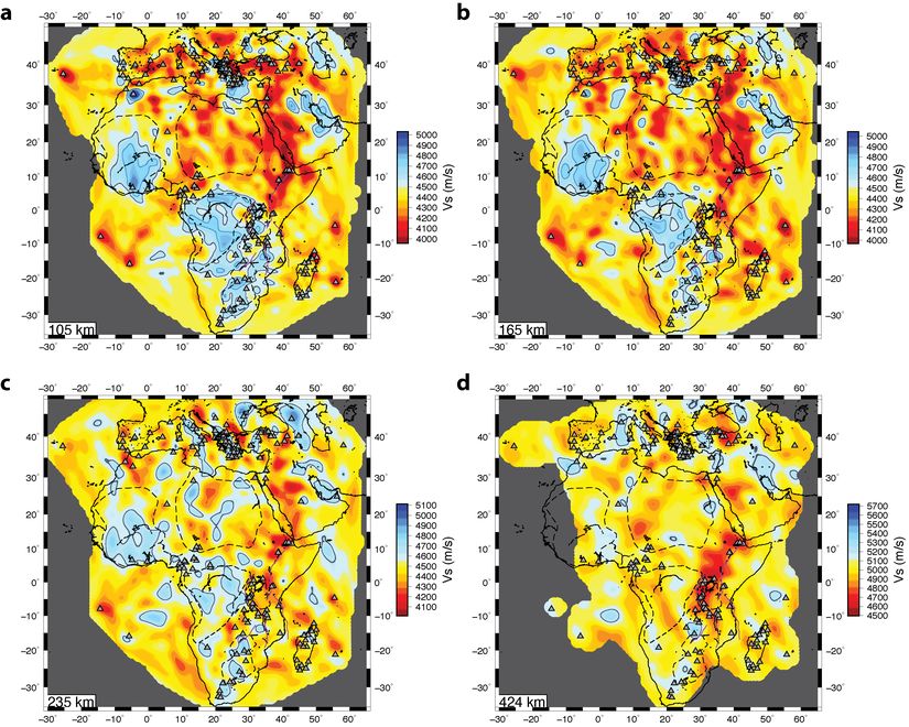 Afrika ve kuzeyinin sismik tomografi ile elde edilen a) 105km, b) 165km, c) 235km, vd d) 424km derinlik kesitlerindeki kesme dalgası hızı haritası.