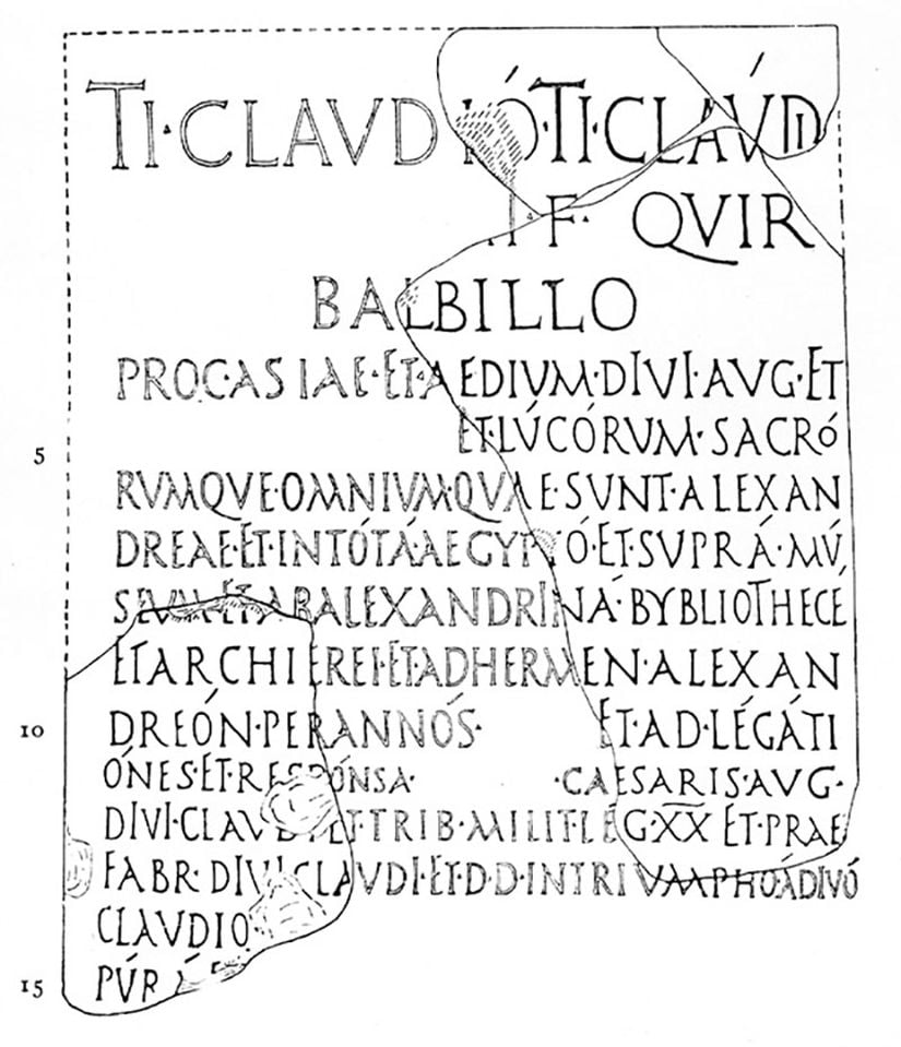 Romalı Tiberius Claudius Babillus'a (MS 56) ait olan ve İskenderiye Kütüphanesi'nin MS birinci yüzyılda bir şekilde var olduğunu doğrulayan yazıtın çizimi.