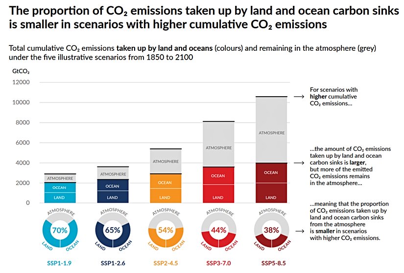 Karbondioksit emisyonlarının 5 farklı model altında kara ve okyanuslar tarafından ne kadar emildiğini gösteren oranlar