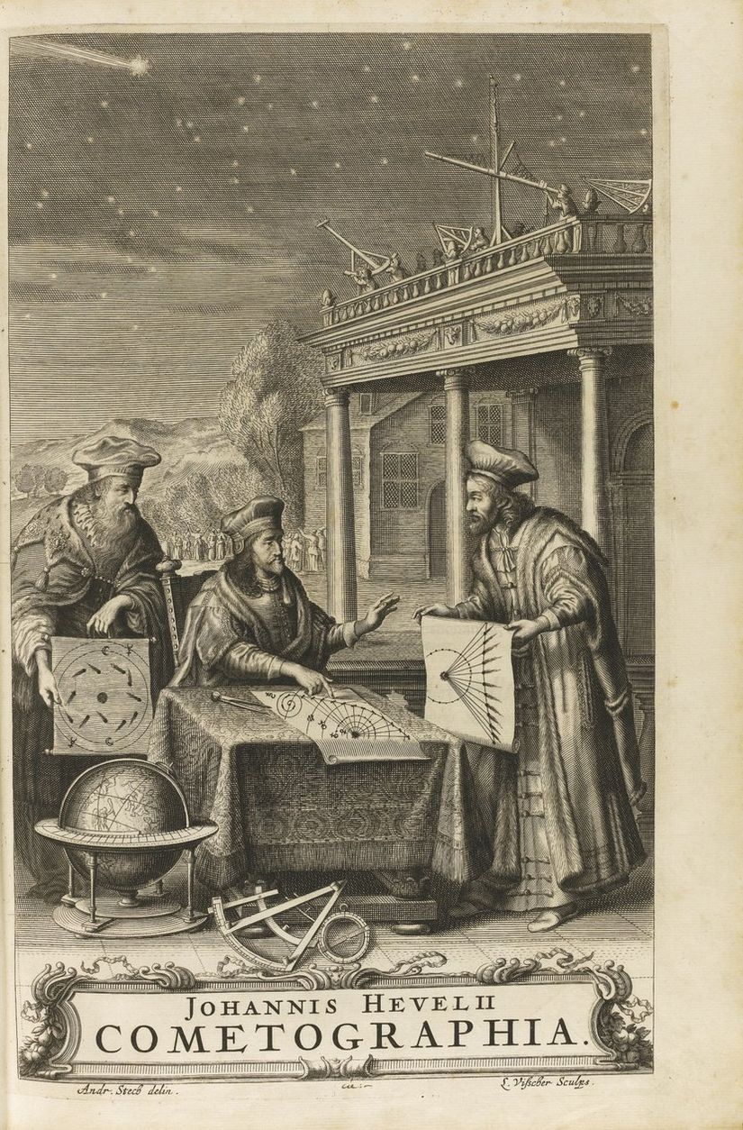 Devlerin hayali bir toplantısı; Aristoteles, Hevelius ve Kepler kuyrukluyıldızların yörüngeleri konusunda fikir alışverişi yapıyorlar.