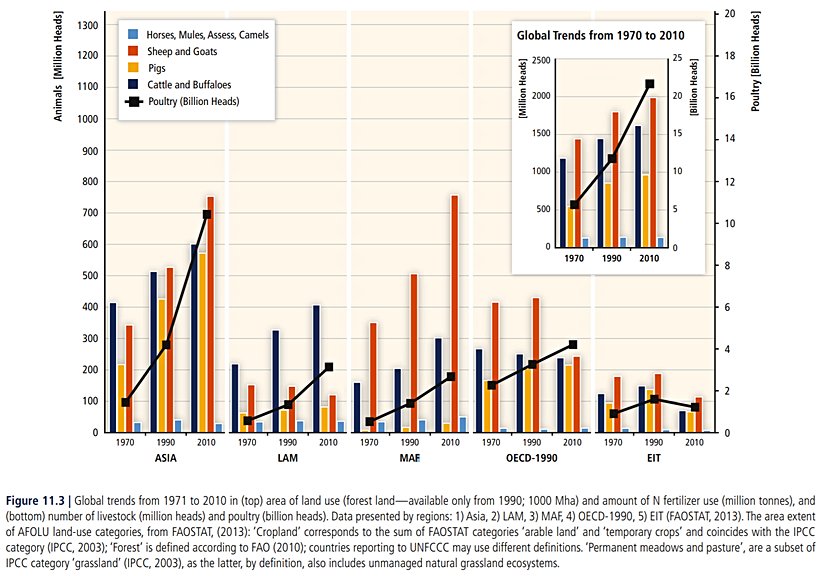 Bu grafikte, farklı besi hayvanlarının Asya, Latin Amerika ve Karayipler (LAM), Orta Doğu ve Afrika (MAF), OECD ülkeleri ve EIT ülkeleri arasında yıldan yıla değişimi gösterilmektedir. Hayvan grupları sırasıyla Atlar, Eşekler, Katırlar, Develer (Mavi), Koyun ve Keçiler (Kırmızı), Domuzlar (Turuncu), Sığırlar ve Buffalolar (Koyu Mavi), Küçük Baş Hayvanlar (Milyar cinsinden, Siyah çizgili). Sağ üst köşede ise küresel değişimler yıldan yıla gösteriliyor.