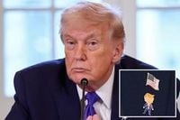 President Trump wears ‘Happy Trump’ lapel pin of himself for oil magnate meeting