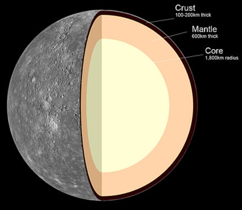 Merkür'ün iç yapısı:  1. Kabuk: 100-300 km kalınlık  2. Manto: 600 km kalınlık  3. Çekirdek: 1,800 km yarıçap