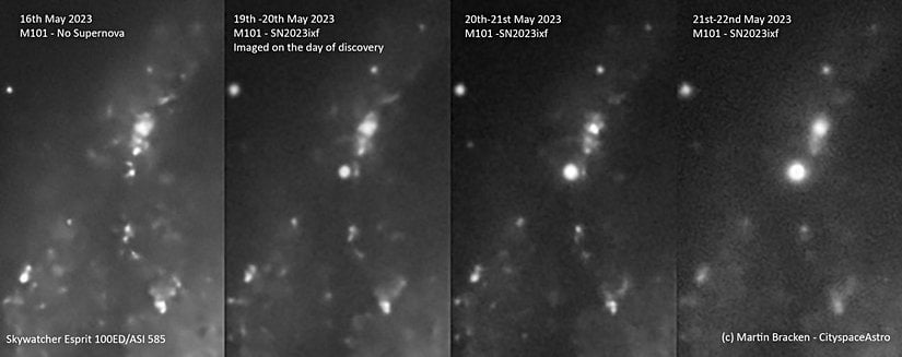 Bu karşılaştırmalı görüntü, galaksinin süpernovanın henüz meydana gelmediği 16 Mayıs ve SN 2023ixf'in keşfedildiği 19 Mayıs tarihlerindeki fotoğraflarını göstermektedir. Yine 22 Mayıs'a kadarki süreçte süpernovanın parlaklığındaki kayda değer artış görülebilmektedir.