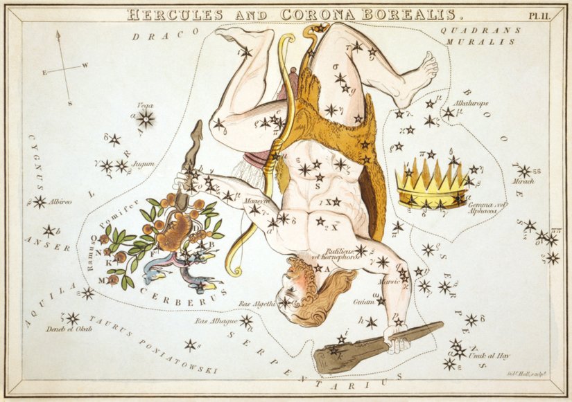 Sidney Hall tarafından 1825 yılında yapılan "Hercules and Corona Borealis" tablosu.(Corona Borealis görselin sağ tarafında, taç şekli ile gösterilmiştir.)