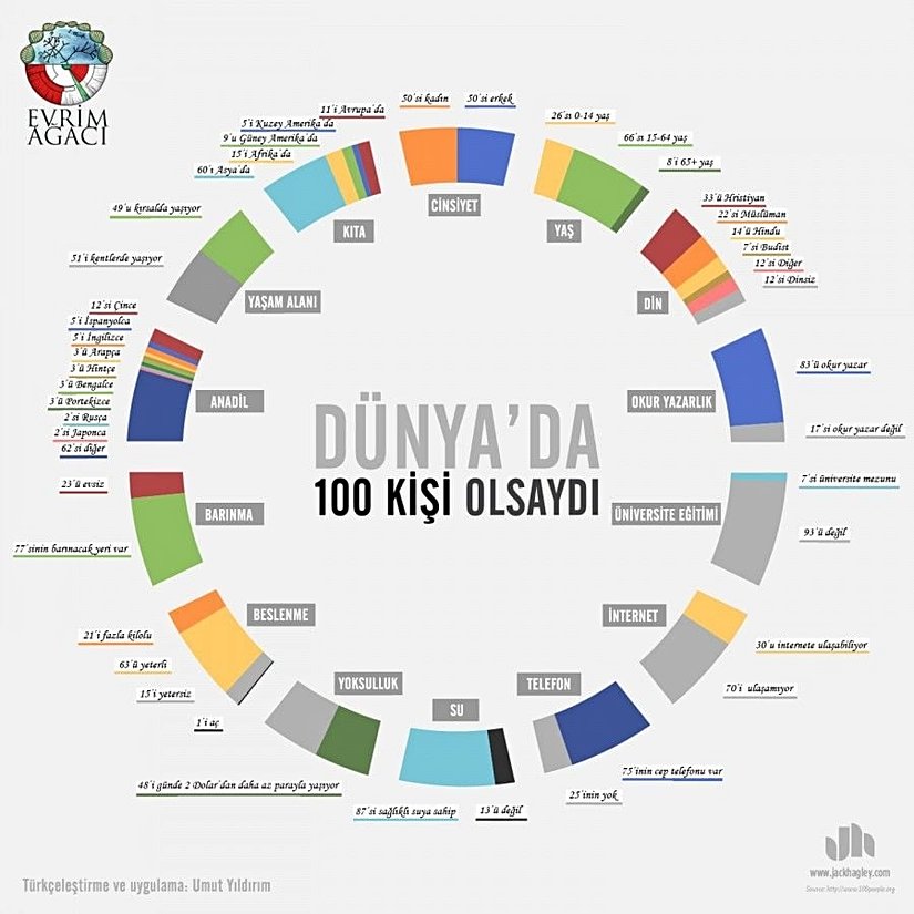 Eğer ki Dünya'da 100 insan yaşıyor olsaydı, bunların cinsiyet, yaş, din, üniversite eğitimi, okur yazarlık düzeyi, suya erişimi, vb. özelliklerinin dağılımı nasıl olurdu dersiniz?