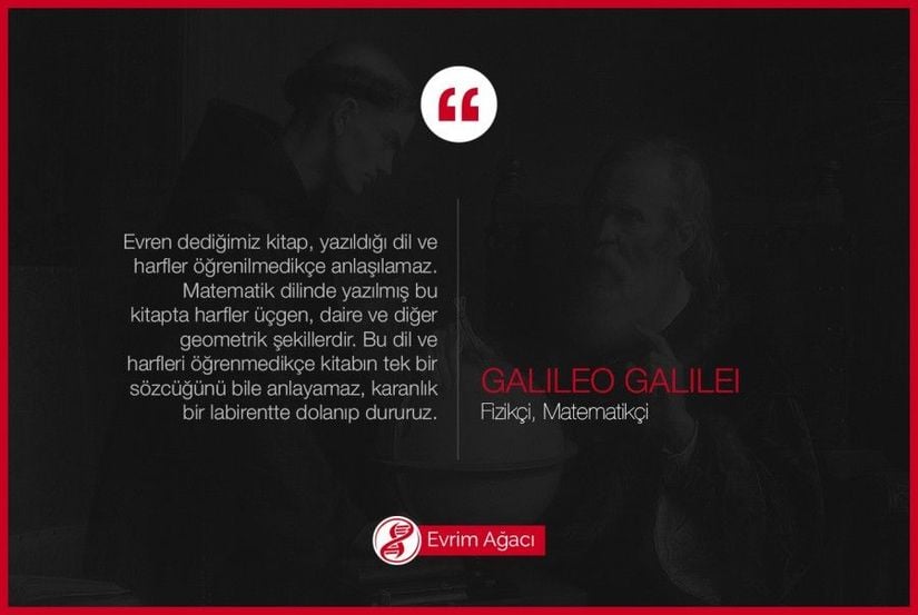 &quot;Evren dediğimiz kitap, yazıldığı dil ve harfler öğrenilmedikçe anlaşılamaz. Matematik dilinde yazılmış bu kitapta harfler üçgen, daire ve diğer geometrik şekillerdir. Bu dil ve harfleri öğrenmedikçe kitabın tek bir sözcüğünü bile anlayamaz, karanlık bir labirentte dolanıp dururuz.&quot; - Galileo Galilei (15 Şubat 1564 - 8 Ocak 1642: İtalyan fizikçi, matematikçi, astronom ve filozof, Bilimsel Devrim'in babası)