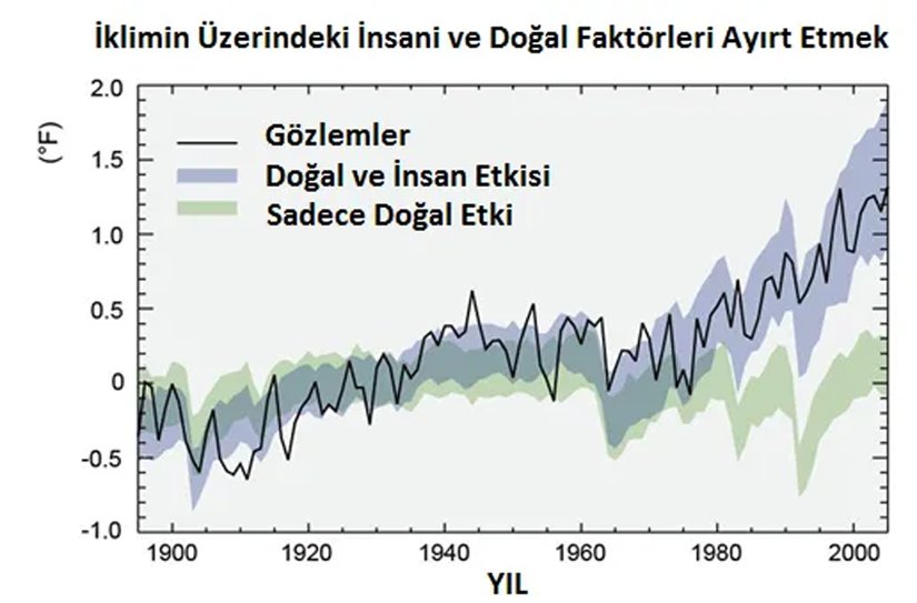 Görseldeki ince çizgi, küresel sıcaklıkların değişimine yönelik yaptığımız doğrudan gözlem. Yani sıcaklığın değişimi o şekilde olmakta. Görseldeki yeşil alan, eğer ki insanın sebep olduğu faktörleri göz ardı edecek olursak sıcaklığın nasıl değişmesi gerektiğini gösteriyor. Görebileceğiniz gibi, eğer ki sadece o alandan gelen etkilere bakacak olursak, 1970'lerin sonundan sonra bir soğuma eğilimi görmemiz gerekirdi. Halbuki böyle bir şeyi görmüyoruz (ince çizgi tam tersi yöne gidiyor). Ancak ne zaman ki doğal etmenler üzerine, insanın neden olduğu etkileri de ekliyoruz, işte o zaman görseldeki diğer alanı elde ediyoruz. Doğal ve insan etkisini gösteren o alan, direkt gözlemlerimizi gösteren ince çizgiye tam oturuyor! Yani Küresel İklim Değişikliği'ne gerçekten de aslen insanlar neden oluyorlar