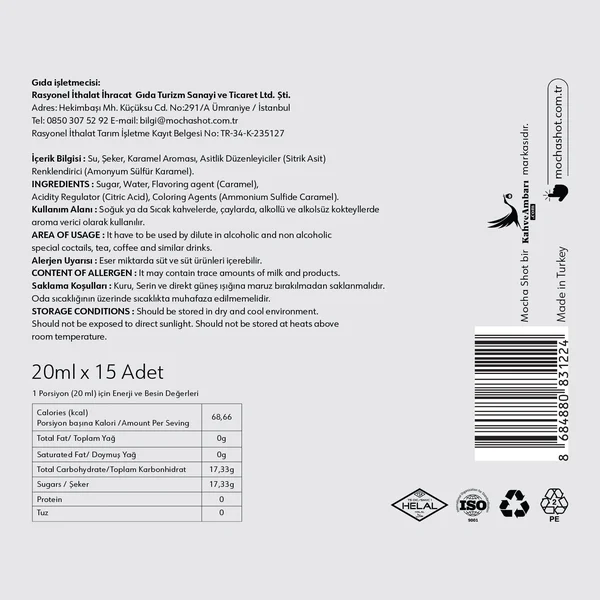 Mocha Shot Karamel Aromalı Tek Kullanımlık Kahve Şurubu 20 ml x 15 Adet