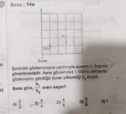 Ayna gözlemciye 1 bölme yaklaşınca gözlemcinin gördüğü duvar yüksekliği h2 oluyorsa h1/h2 oranı kaçtır?