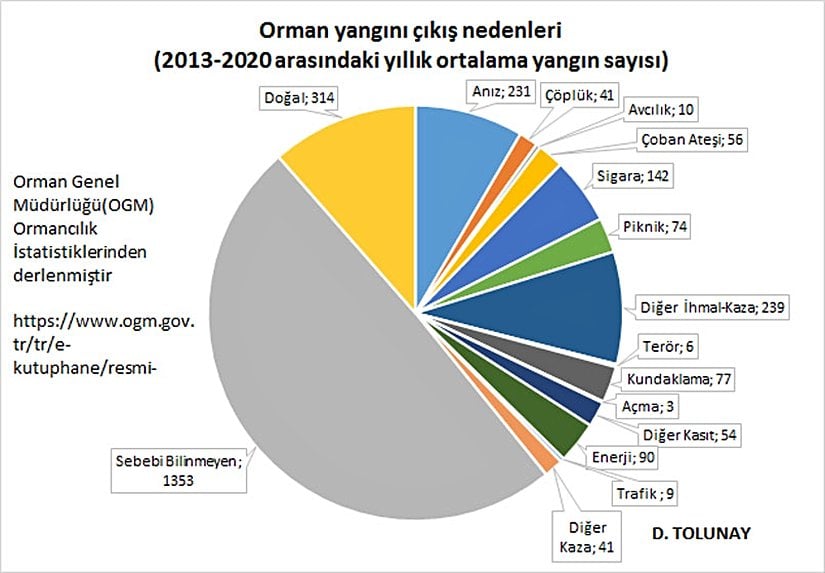 2013-2020 yılları arasında çıkan orman yangınlarının sebepleri