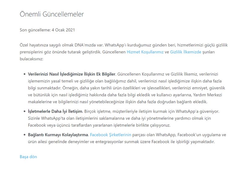WhatsApp'ın Ocak 2021 güncellemesiyle değişecek sözleşme konularının özeti.