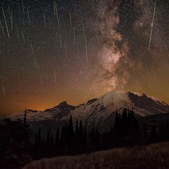  Meteors and Milky Way over Mount Rainier 