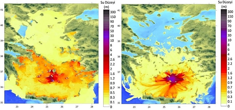 (solda) Santorini ve (sağda) Kolumbo volkanalarında bir patlama yaşanması durumunda oluşacak tsunami dalgalarının yükseklikleri