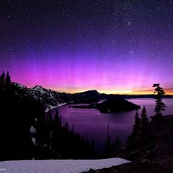 Pink Aurora Over Crater Lake