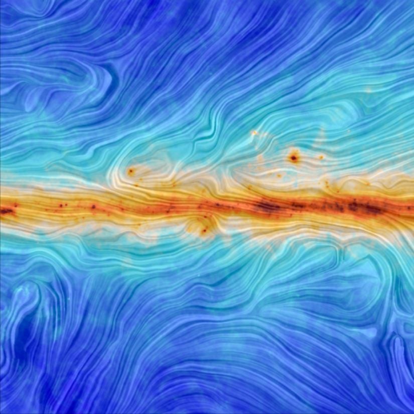 Bu resim Planck CMB deneyinde ortaya çıkarıldığı üzere yıldızlararası ortamda galaksinin kozmik tozda bıraktığı izler olan manyetik alan çizgilerini gösteriyor. Bu çizgiler mikrogauss gücünde ve yüzlerce hatta binlerce ışık yılı boyunca aynı kalabilir. Büyük kozmik ölçeklerde elektromanyetik kuvvet, temelde çok daha güçlü olmasına rağmen kütleçekimine rakip olamaz.